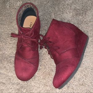 Burgundy Suede Wedge Booties